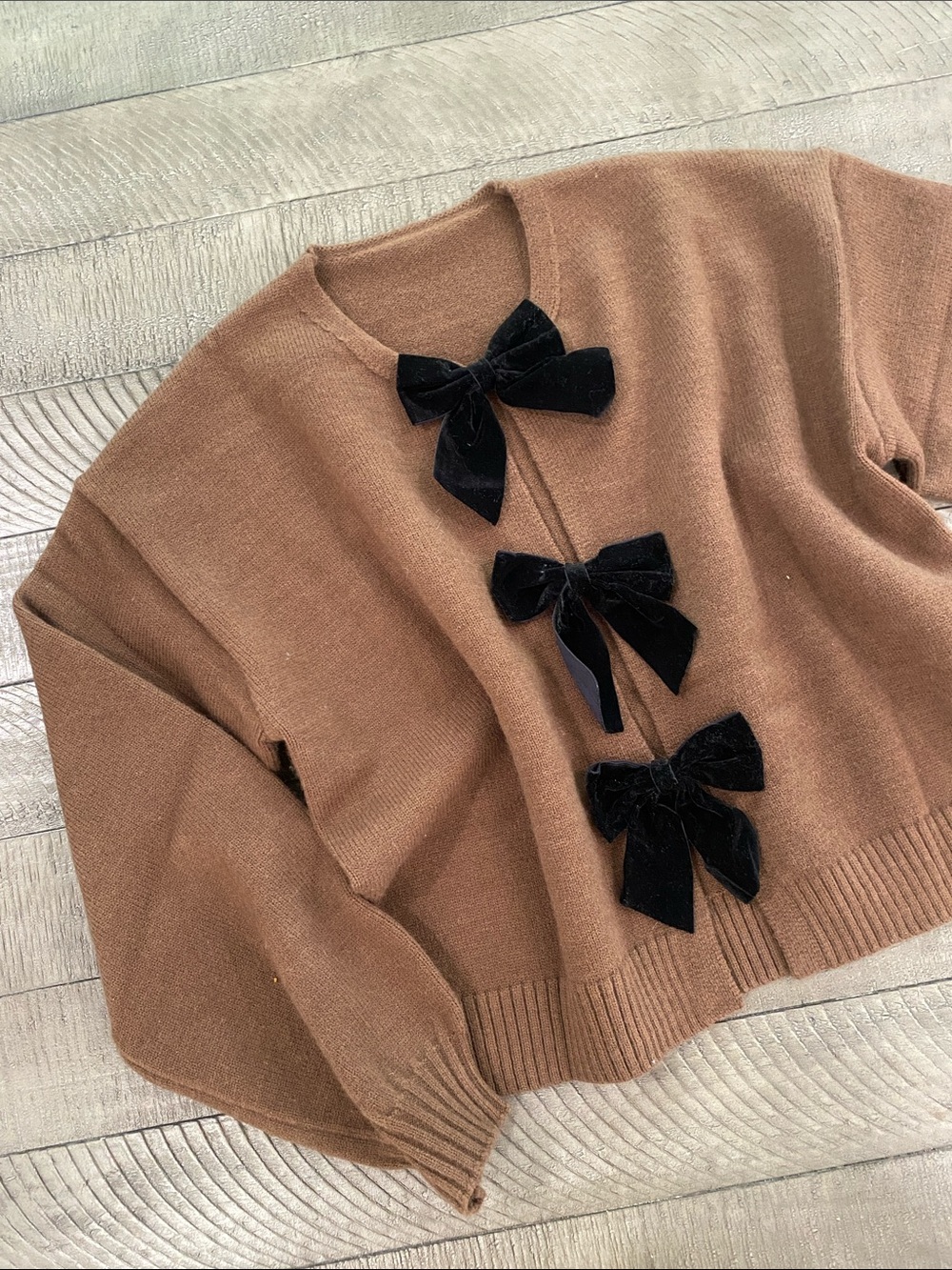 Commense Brown Cardigan with Black Velvet Bows